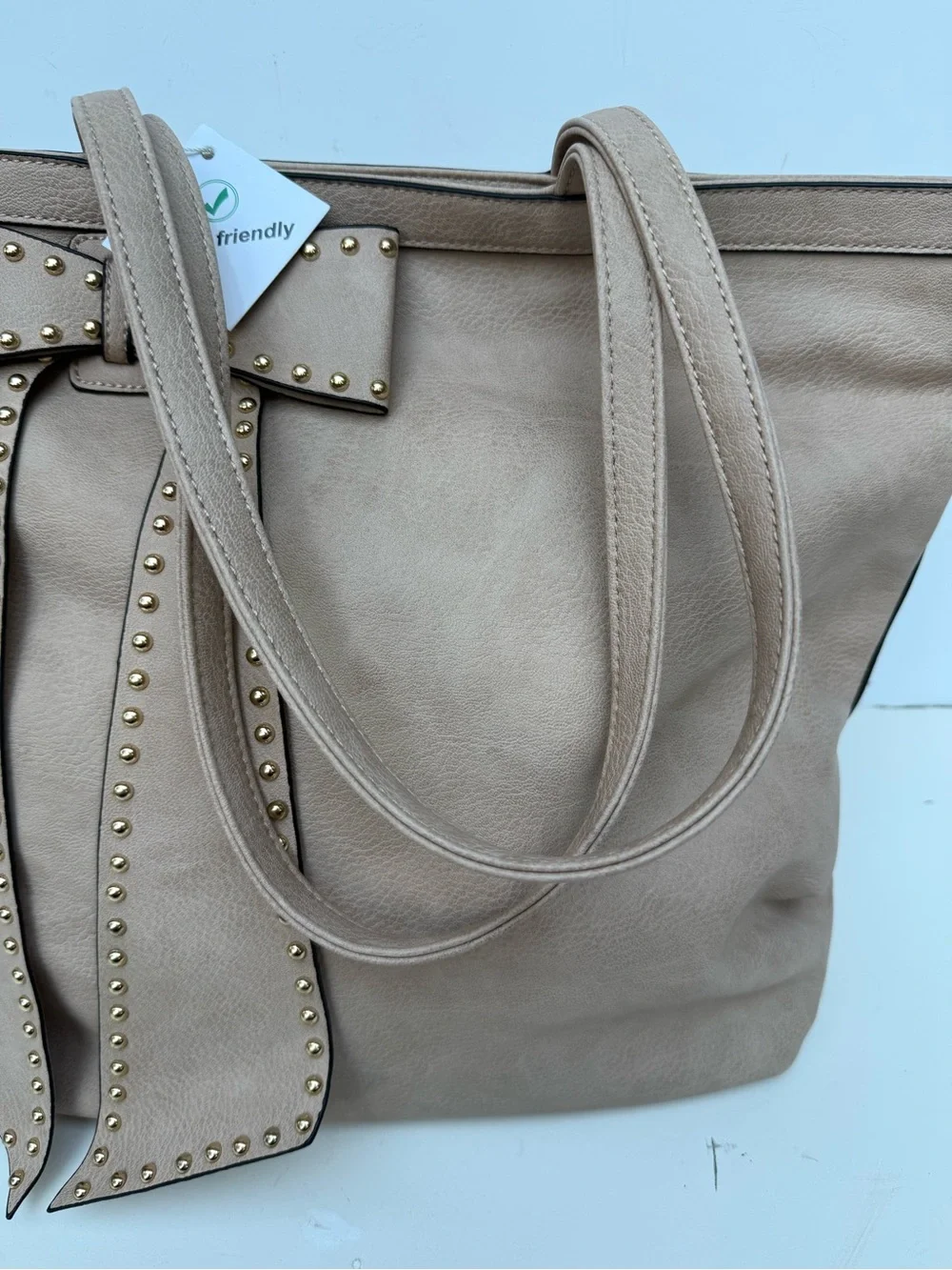 NWT Handbag Republic Studded Bow Tote Bag Beige Vegan Leather Bird Print Lining